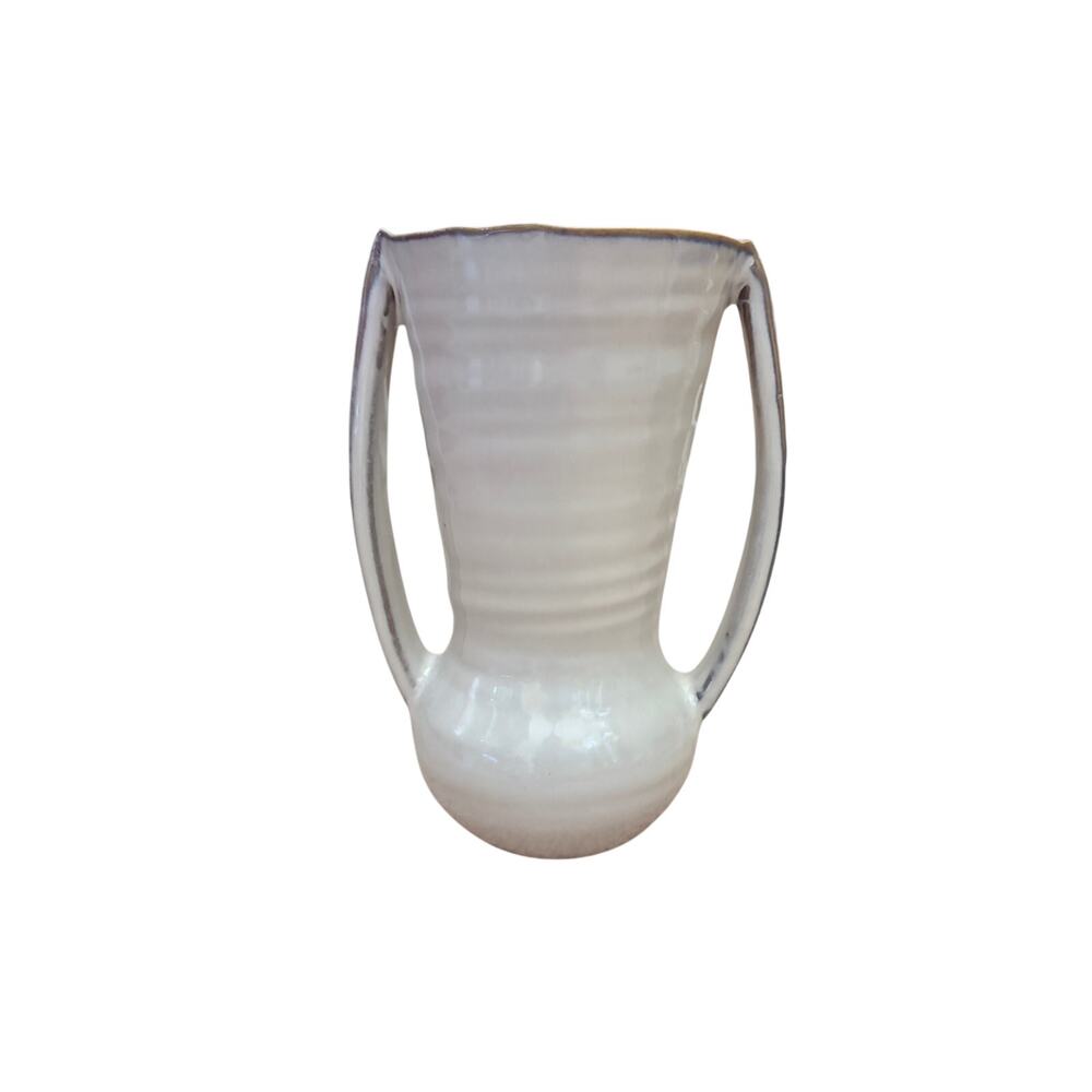 Vintage Mid Century Double Handle Ceramic Vase Ivory Brown Trim 8”